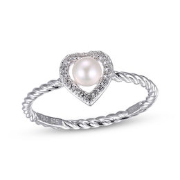 Cultured Pearl & White Lab-Created Sapphire Heart Ring Sterling Silver