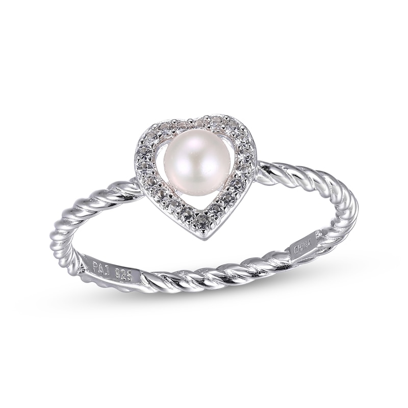 Cultured Pearl & White Lab-Created Sapphire Heart Ring Sterling Silver