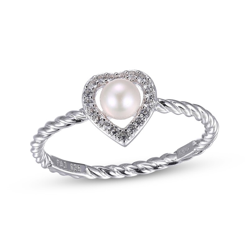 Main Image 1 of Cultured Pearl & White Lab-Created Sapphire Heart Ring Sterling Silver