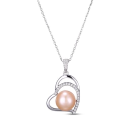 Pink Cultured Pearl & Round-Cut White Lab-Created Sapphire Heart Necklace Sterling Silver 18”