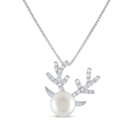 Round-Cut Cultured Pearl & White Lab-Created Sapphire Reindeer Necklace Sterling Silver 18"