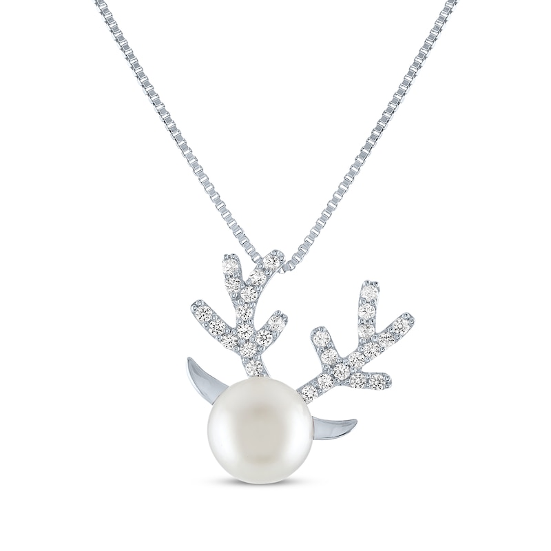 Main Image 1 of Round-Cut Cultured Pearl & White Lab-Created Sapphire Reindeer Necklace Sterling Silver 18"