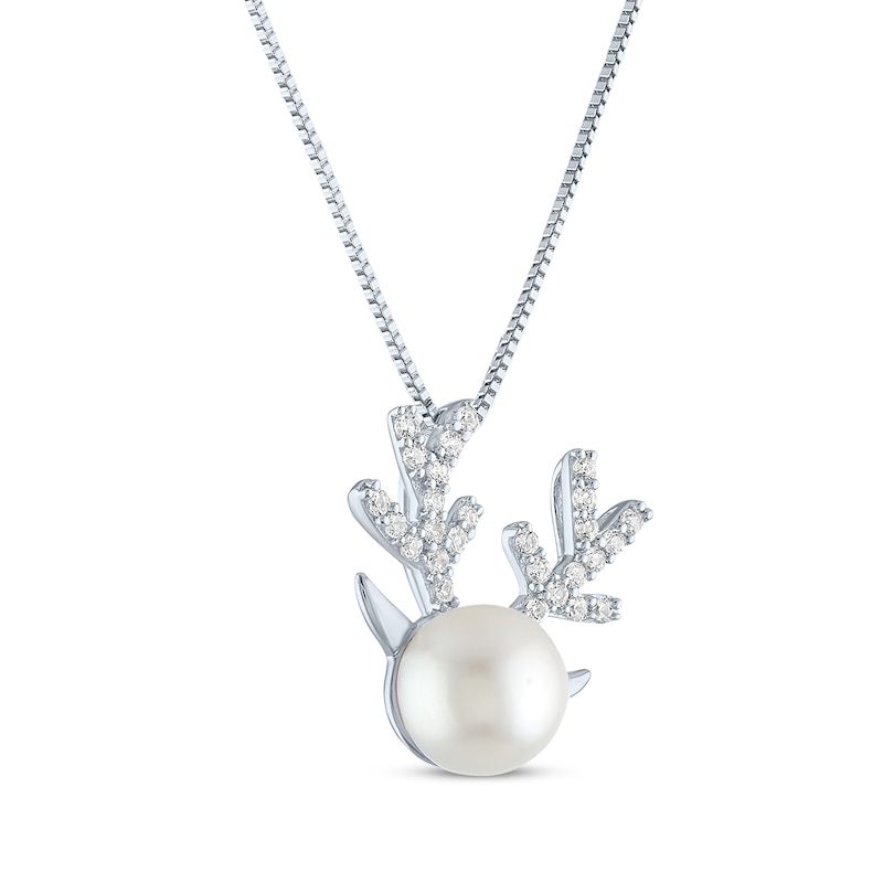 Main Image 2 of Round-Cut Cultured Pearl & White Lab-Created Sapphire Reindeer Necklace Sterling Silver 18"