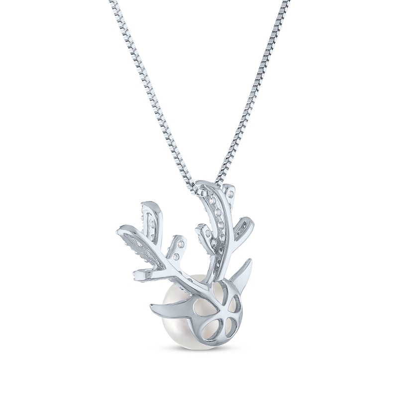 Main Image 3 of Round-Cut Cultured Pearl & White Lab-Created Sapphire Reindeer Necklace Sterling Silver 18"
