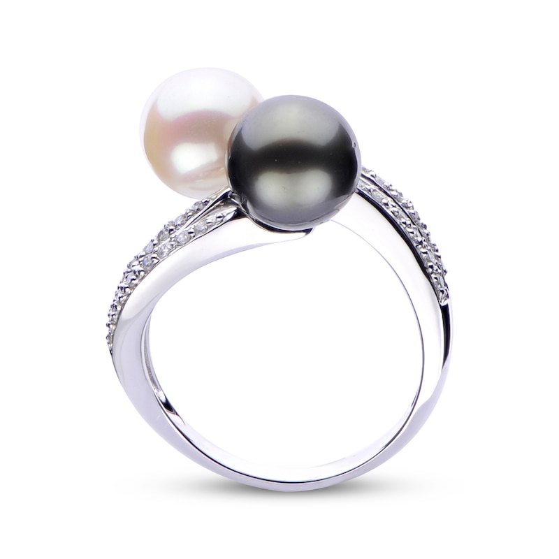 Tahitian Cultured Pearl, Cultured Pearl & Diamond Bypass Ring 1/5 ct tw 14K White Gold