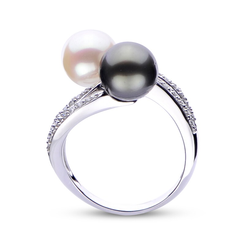 Tahitian Cultured Pearl, Cultured Pearl & Diamond Bypass Ring 1/5 ct tw 14K White Gold