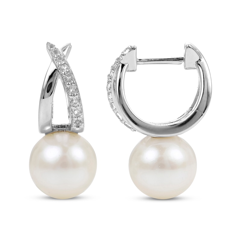 Cultured Pearl & White Topaz Crossover Huggie Hoop Earrings Sterling Silver  | Kay Outlet