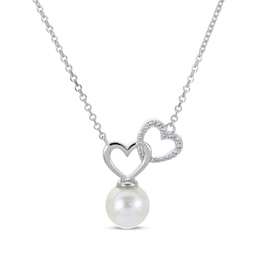 Cultured Pearl & White Topaz Linked Heart Necklace Sterling Silver 18”