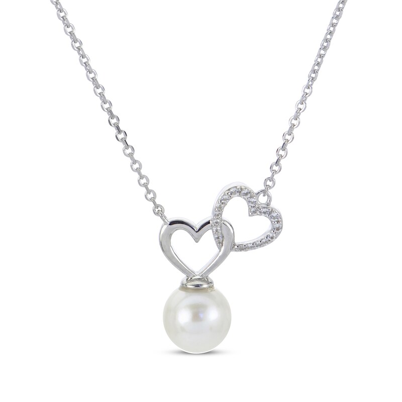 Main Image 1 of Cultured Pearl & White Topaz Linked Heart Necklace Sterling Silver 18”