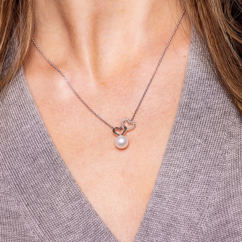 Main Image 2 of Cultured Pearl & White Topaz Linked Heart Necklace Sterling Silver 18”