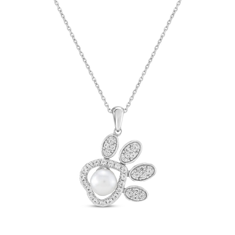 Main Image 1 of Cultured Pearl & White Lab-Created Sapphire Paw Print Necklace Sterling Silver 18"