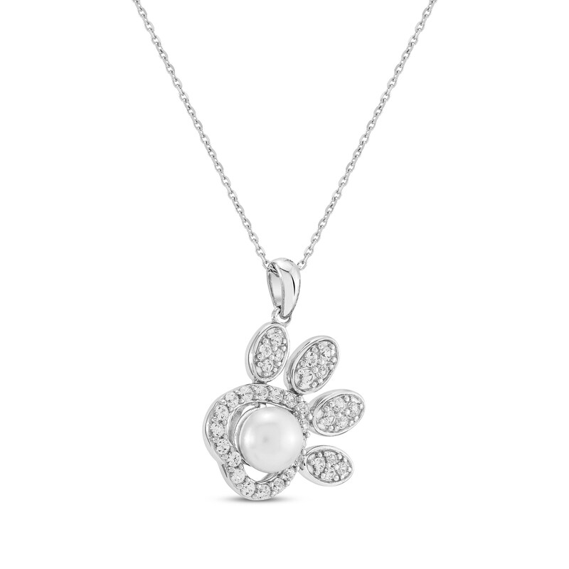 Main Image 2 of Cultured Pearl & White Lab-Created Sapphire Paw Print Necklace Sterling Silver 18"