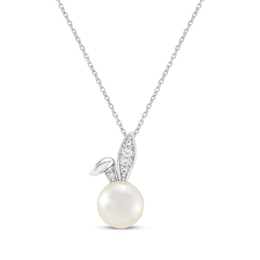 Cultured Pearl & White Lab-Created Sapphire Bunny Necklace Sterling Silver 18"