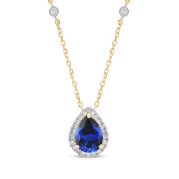 Pear-Shaped Blue Lab-Created Sapphire & Diamond Necklace 1/6 ct tw 10K Yellow Gold 18.5"