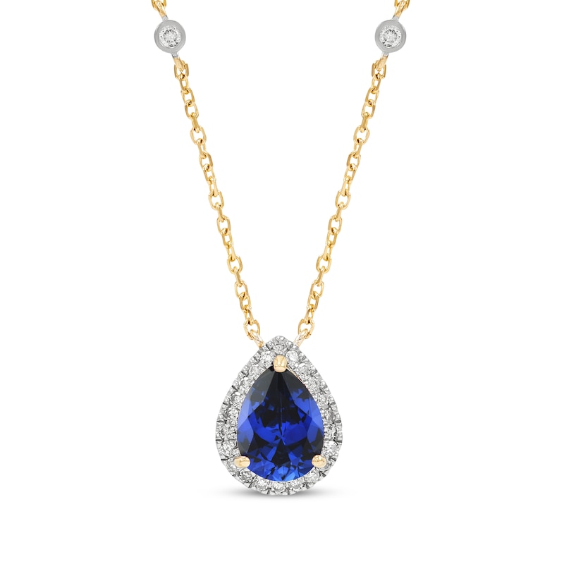 Main Image 1 of Pear-Shaped Blue Lab-Created Sapphire & Diamond Necklace 1/6 ct tw 10K Yellow Gold 18.5"