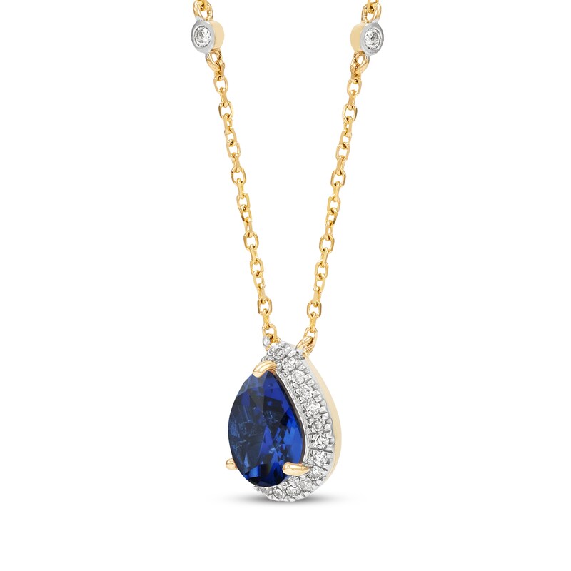 Main Image 2 of Pear-Shaped Blue Lab-Created Sapphire & Diamond Necklace 1/6 ct tw 10K Yellow Gold 18.5"