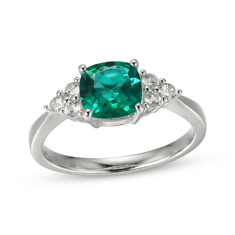 Main Image 1 of Cushion-Cut Lab-Created Emerald & White Lab-Created Sapphire Ring Sterling Silver
