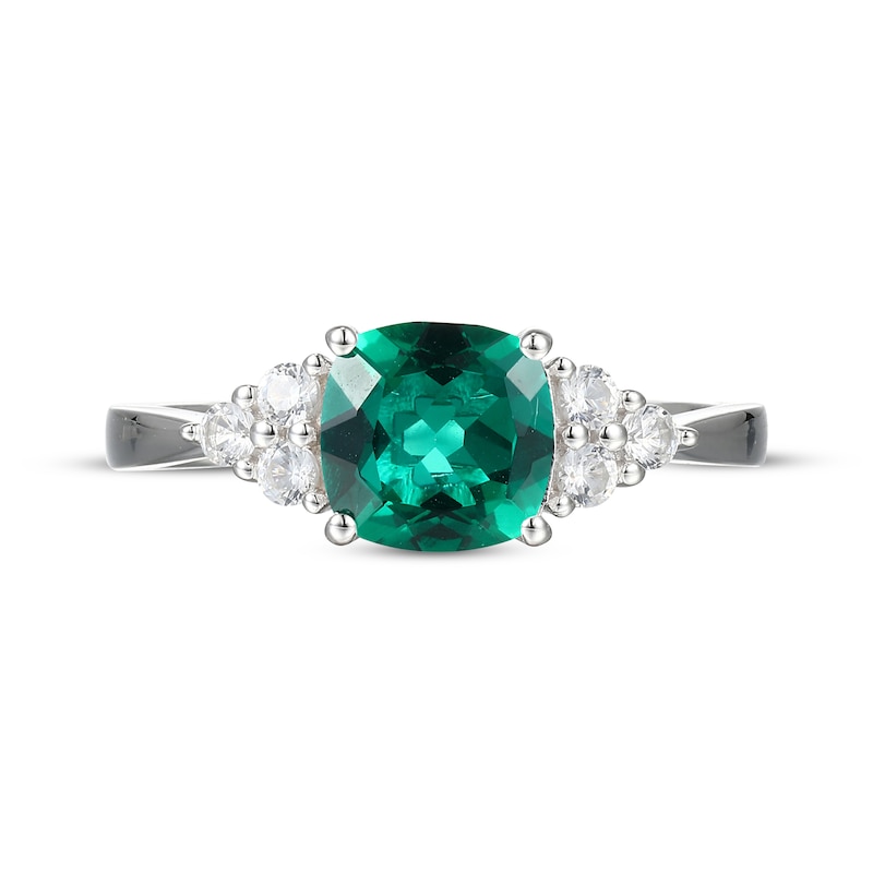 Main Image 3 of Cushion-Cut Lab-Created Emerald & White Lab-Created Sapphire Ring Sterling Silver