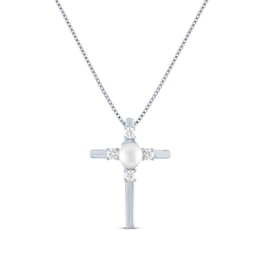 Cultured Pearl & White Lab-Created Sapphire Cross Necklace Sterling Silver 18"