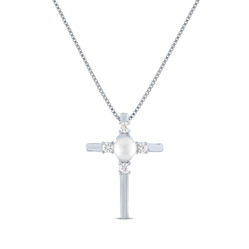 Main Image 1 of Cultured Pearl & White Lab-Created Sapphire Cross Necklace Sterling Silver 18"