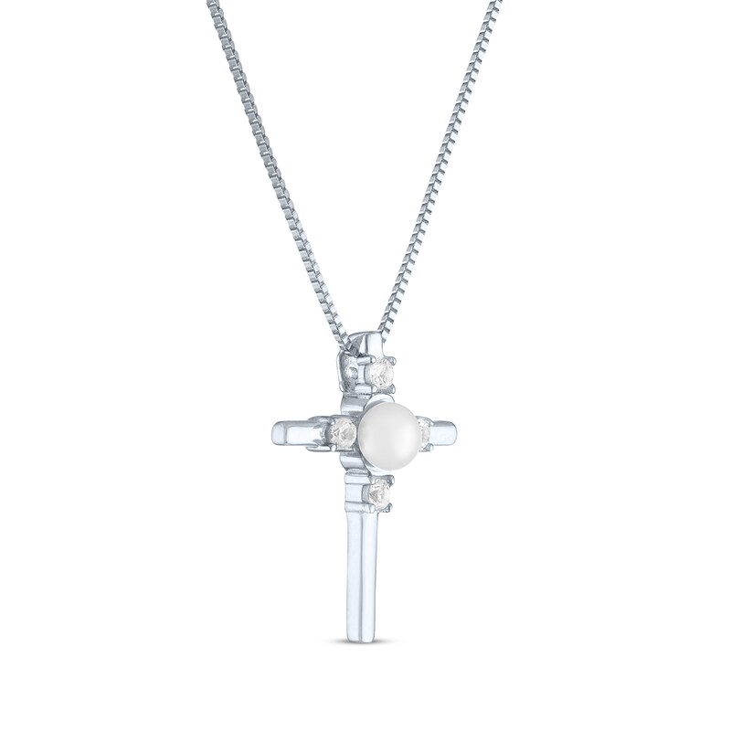 Main Image 2 of Cultured Pearl & White Lab-Created Sapphire Cross Necklace Sterling Silver 18"