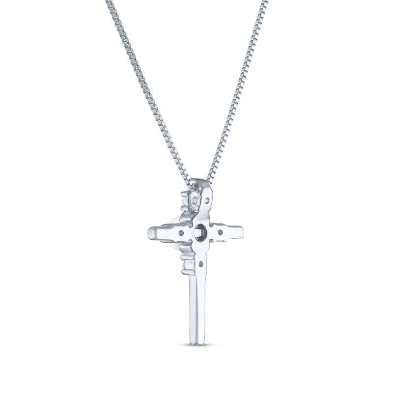 Main Image 3 of Cultured Pearl & White Lab-Created Sapphire Cross Necklace Sterling Silver 18"