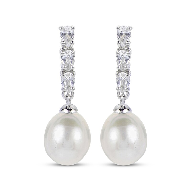 Main Image 2 of Cultured Pearl & White Lab-Created Sapphire Drop Earrings Sterling Silver