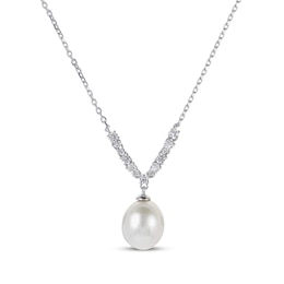 Cultured Pearl & White Lab-Created Sapphire Drop Necklace Sterling Silver 18"