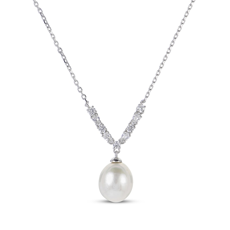 Main Image 1 of Cultured Pearl & White Lab-Created Sapphire Drop Necklace Sterling Silver 18"