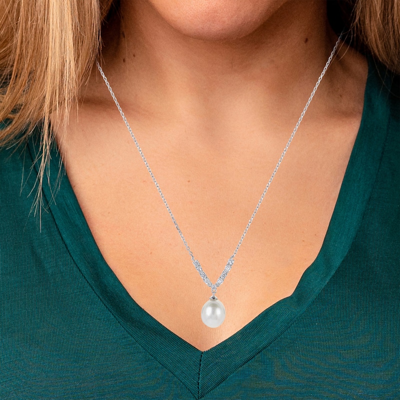 Main Image 3 of Cultured Pearl & White Lab-Created Sapphire Drop Necklace Sterling Silver 18"