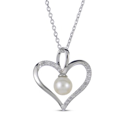 Cultured Pearl & White Lab-Created Sapphire Heart Necklace Sterling Silver 18"