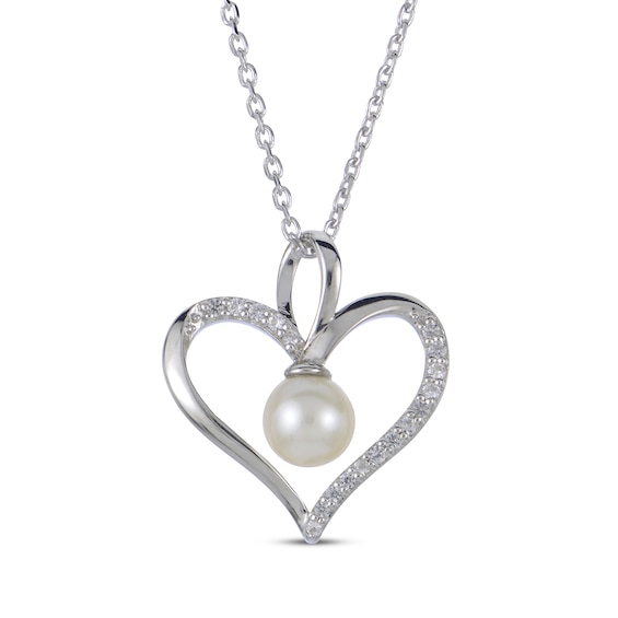 Cultured Pearl & White Lab-Created Sapphire Heart Necklace Sterling Silver 18"