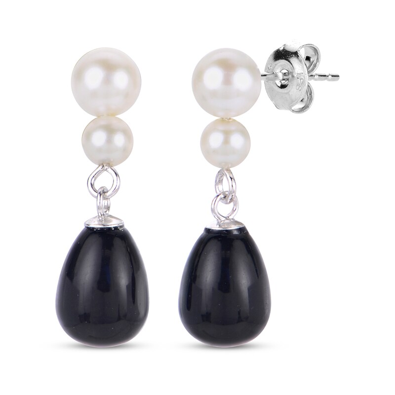 Main Image 1 of Cultured Pearl & Oval-Cut Black Onyx Dangle Earrings Sterling Silver