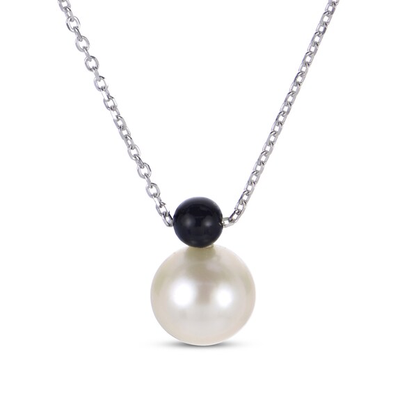 Cultured Pearl & Black Onyx Necklace Sterling Silver 18"