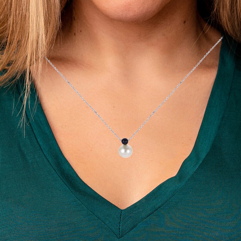 Cultured Pearl & Black Onyx Necklace Sterling Silver 18"