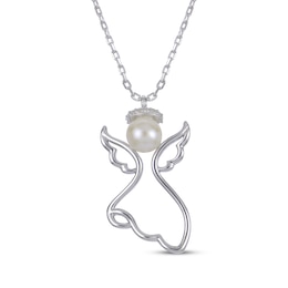 Cultured Pearl & White Lab-Created Sapphire Angel Necklace Sterling Silver 18"