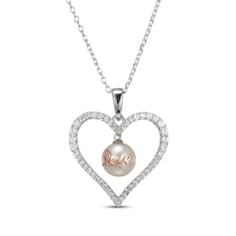 Cultured Pearl & White Lab-Created Sapphire "Love" Heart Necklace Sterling Silver & 10K Rose Gold 18"