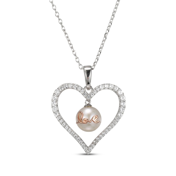 Cultured Pearl & White Lab-Created Sapphire "Love" Heart Necklace Sterling Silver & 10K Rose Gold 18"