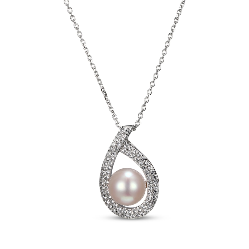 Main Image 1 of Cultured Pearl & White Lab-Created Sapphire Teardrop Necklace Sterling Silver 18"