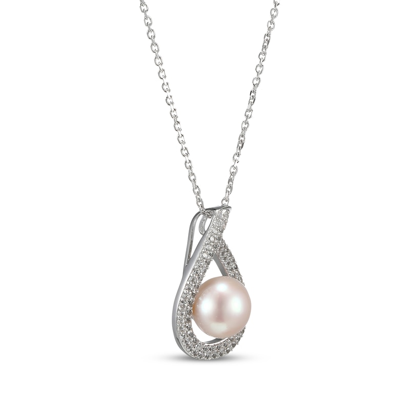Main Image 2 of Cultured Pearl & White Lab-Created Sapphire Teardrop Necklace Sterling Silver 18"