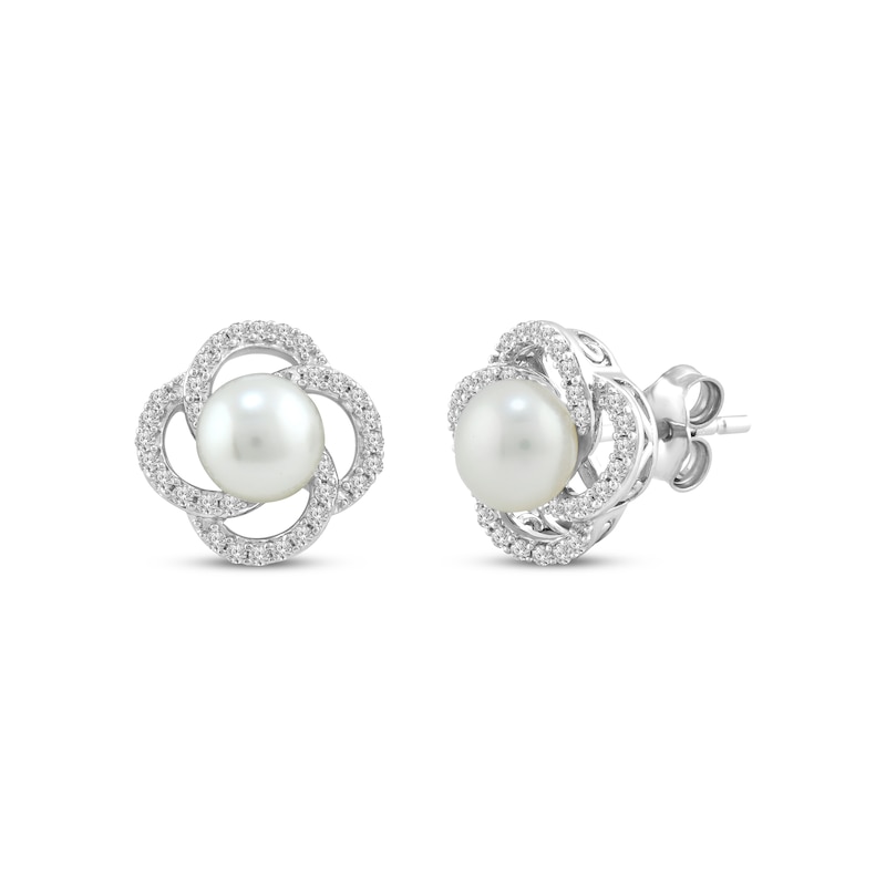 Main Image 1 of Cultured Pearl & White Lab-Created Sapphire Orbit Earrings Sterling Silver
