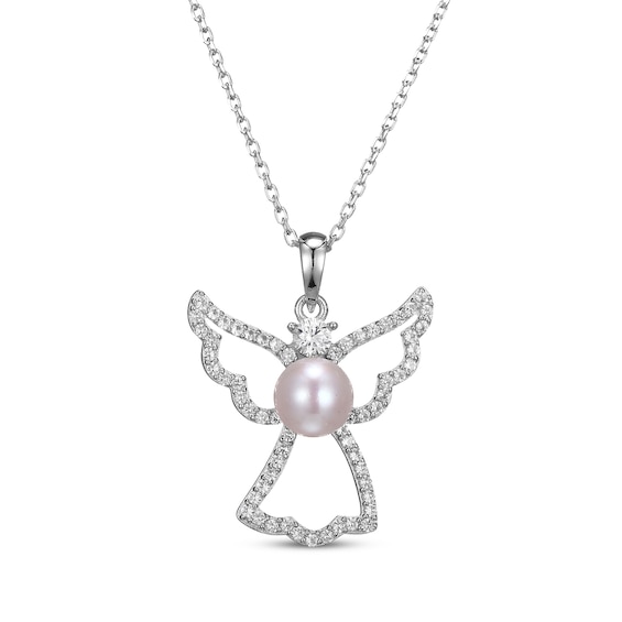 Cultured Pearl & White Lab-Created Sapphire Angel Necklace Sterling Silver 18"