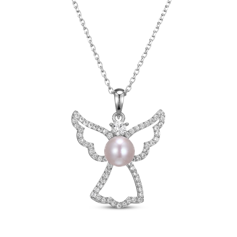 Main Image 1 of Cultured Pearl & White Lab-Created Sapphire Angel Necklace Sterling Silver 18"