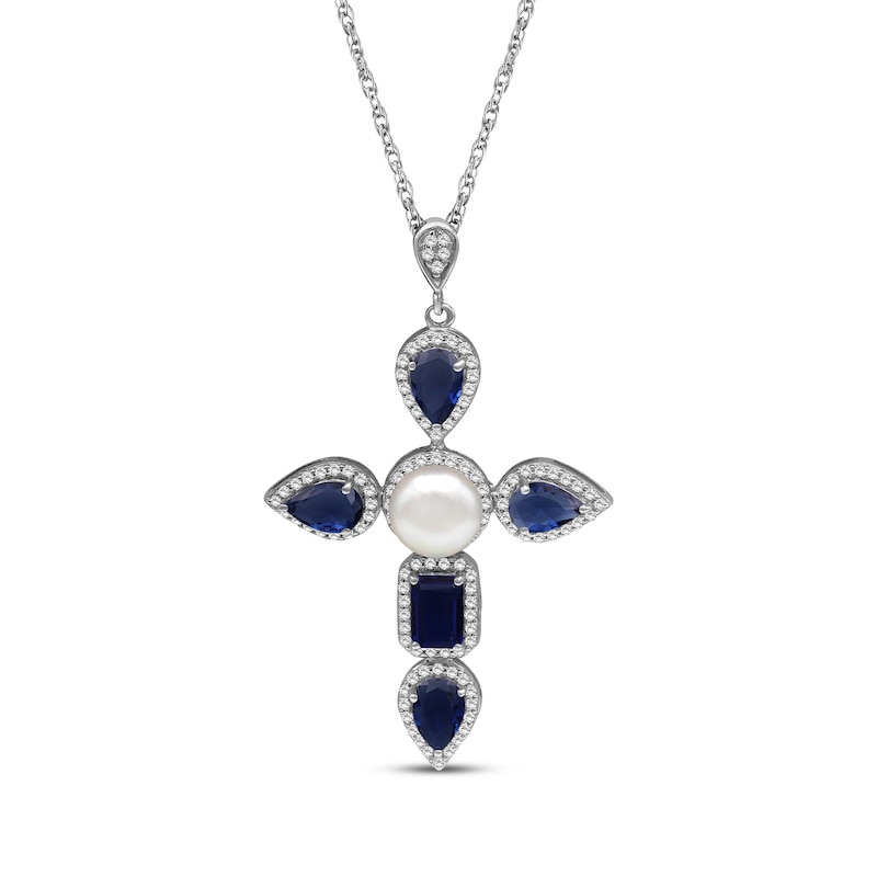 Pear-Shaped & Emerald-Cut Blue Lab-Created Sapphire, Cultured Pearl, White Lab-Created Sapphire Necklace Sterling Silver 18"