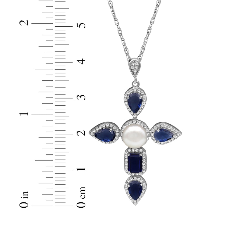 Pear-Shaped & Emerald-Cut Blue Lab-Created Sapphire, Cultured Pearl, White Lab-Created Sapphire Necklace Sterling Silver 18"