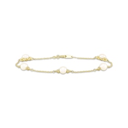 Cultured Pearl & White Lab-Created Sapphire Station Bracelet 10K Yellow Gold 7.25"