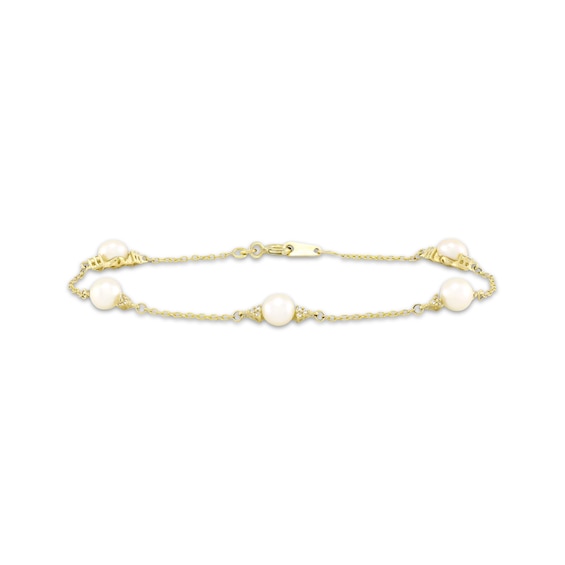 Cultured Pearl & White Lab-Created Sapphire Station Bracelet 10K Yellow Gold 7.25"