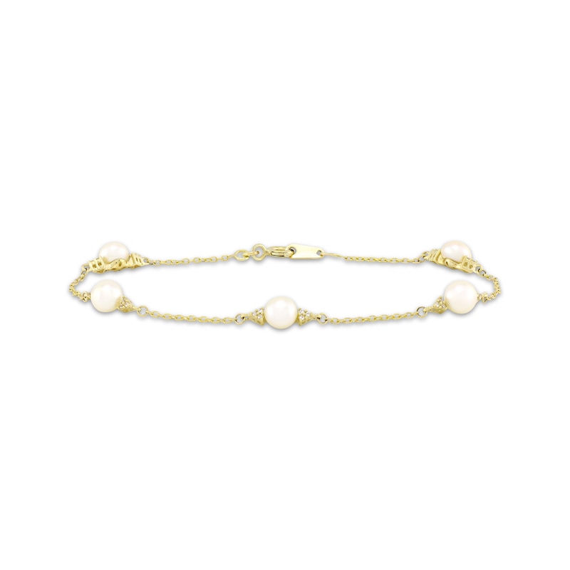 Main Image 1 of Cultured Pearl & White Lab-Created Sapphire Station Bracelet 10K Yellow Gold 7.25"