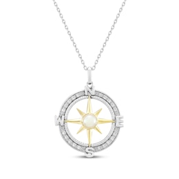 Cultured Pearl & White Lab-Created Sapphire Compass Necklace Sterling Silver & 10K Yellow Gold 18"