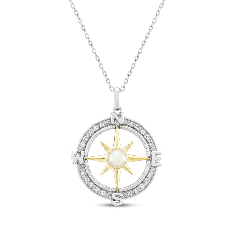 Main Image 1 of Cultured Pearl & White Lab-Created Sapphire Compass Necklace Sterling Silver & 10K Yellow Gold 18"